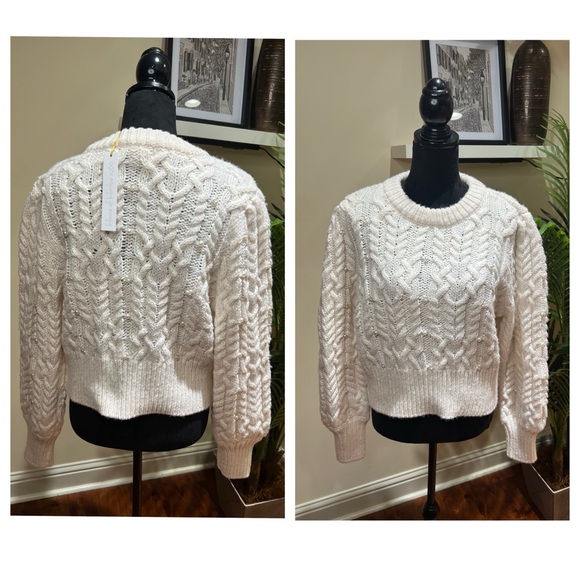 House of Harlow 1960 Wool Blend Ivory Cable Knit Pearl Embellished Sweater Large - Picture 2 of 9